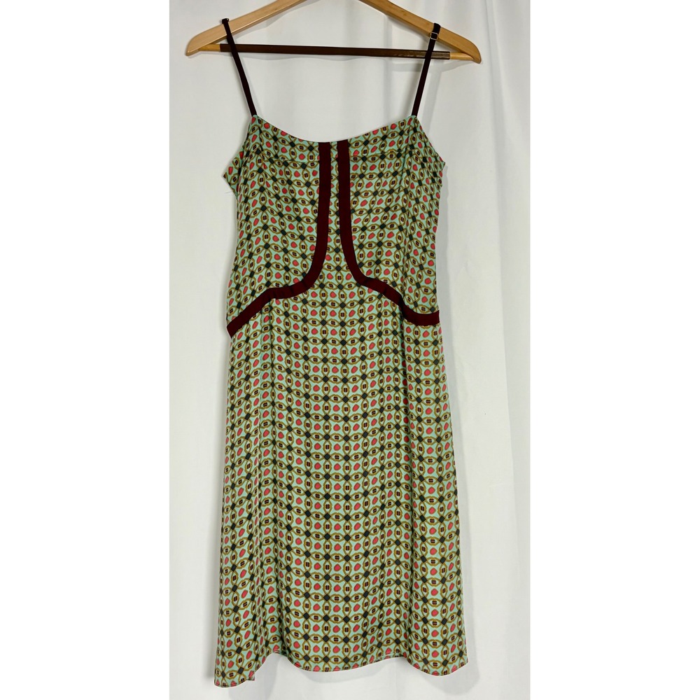 Original Penguin Silk Slip Dress Green Burgundy Jazzy Retro Geometric Print 8